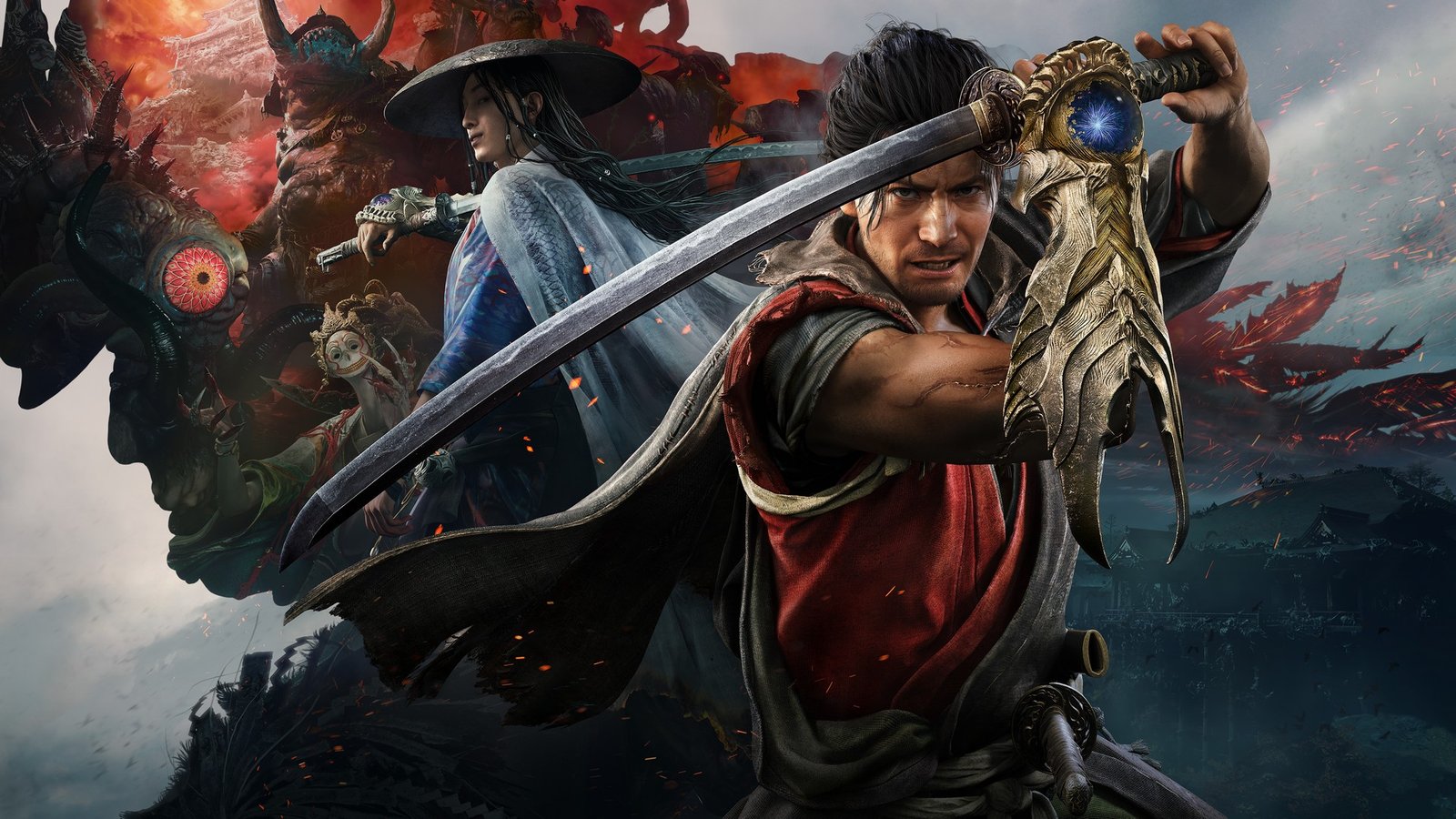 Samurai Miyamoto Musashi raises his sword to guard in key art for Onimusha: Way of the Sword, with enemies in a montage behind him