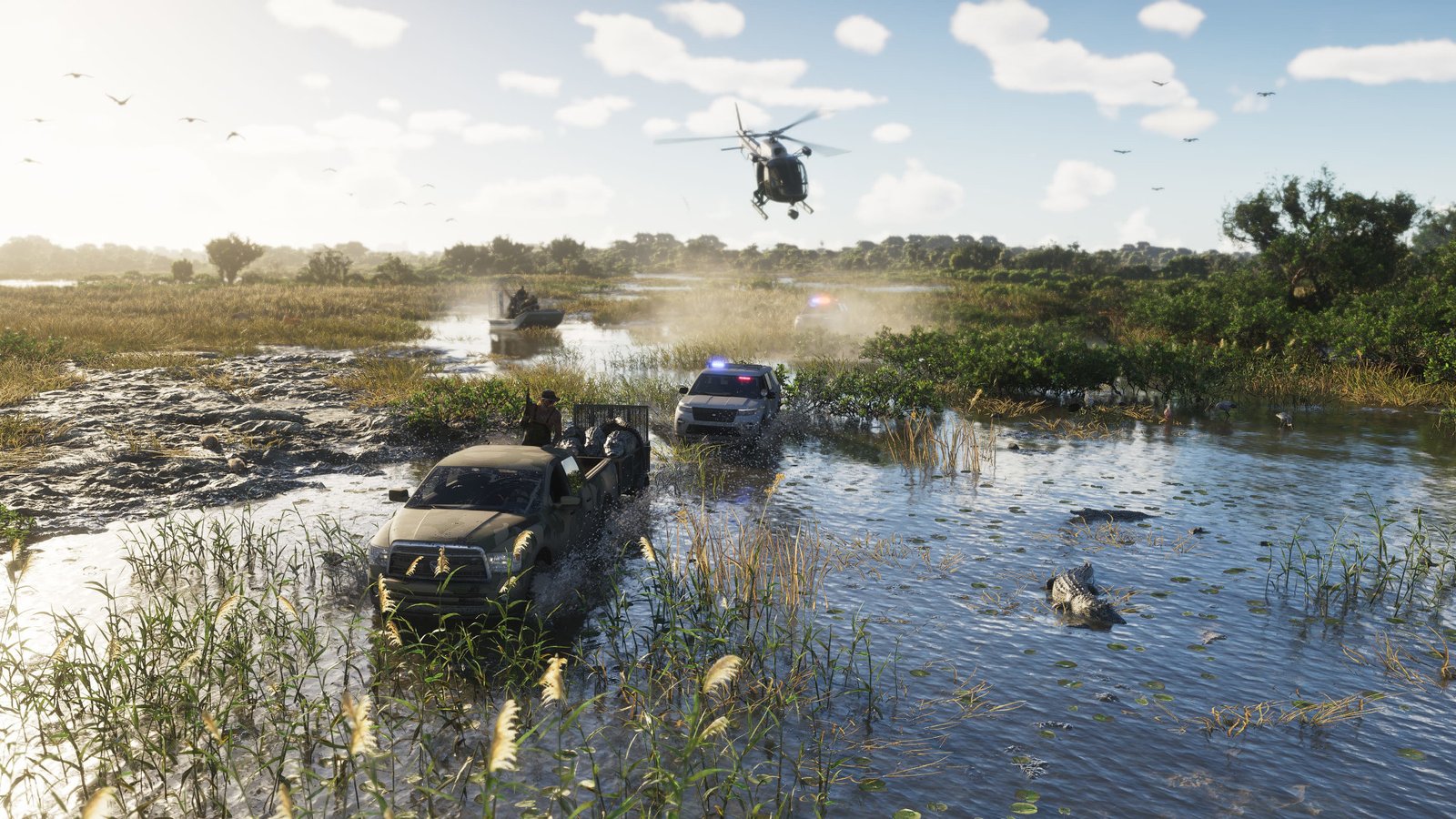 GTA 6 gameplay showing a helicopter and two cars travelling through a sunny swamp