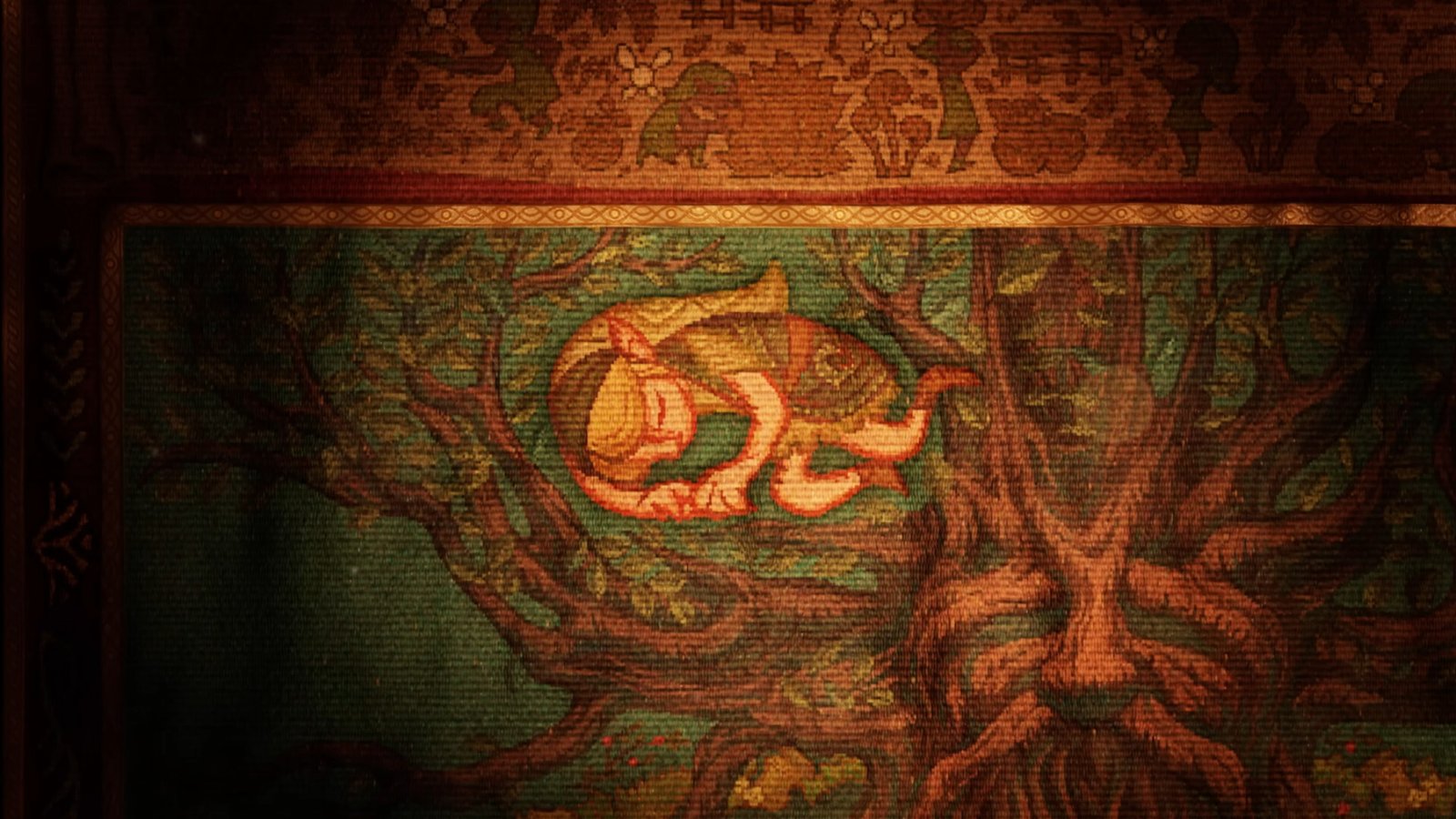 The Legend of Zelda: Ocarina of Time reveal showing Link sleeping in the branches of a tree on a tapestry