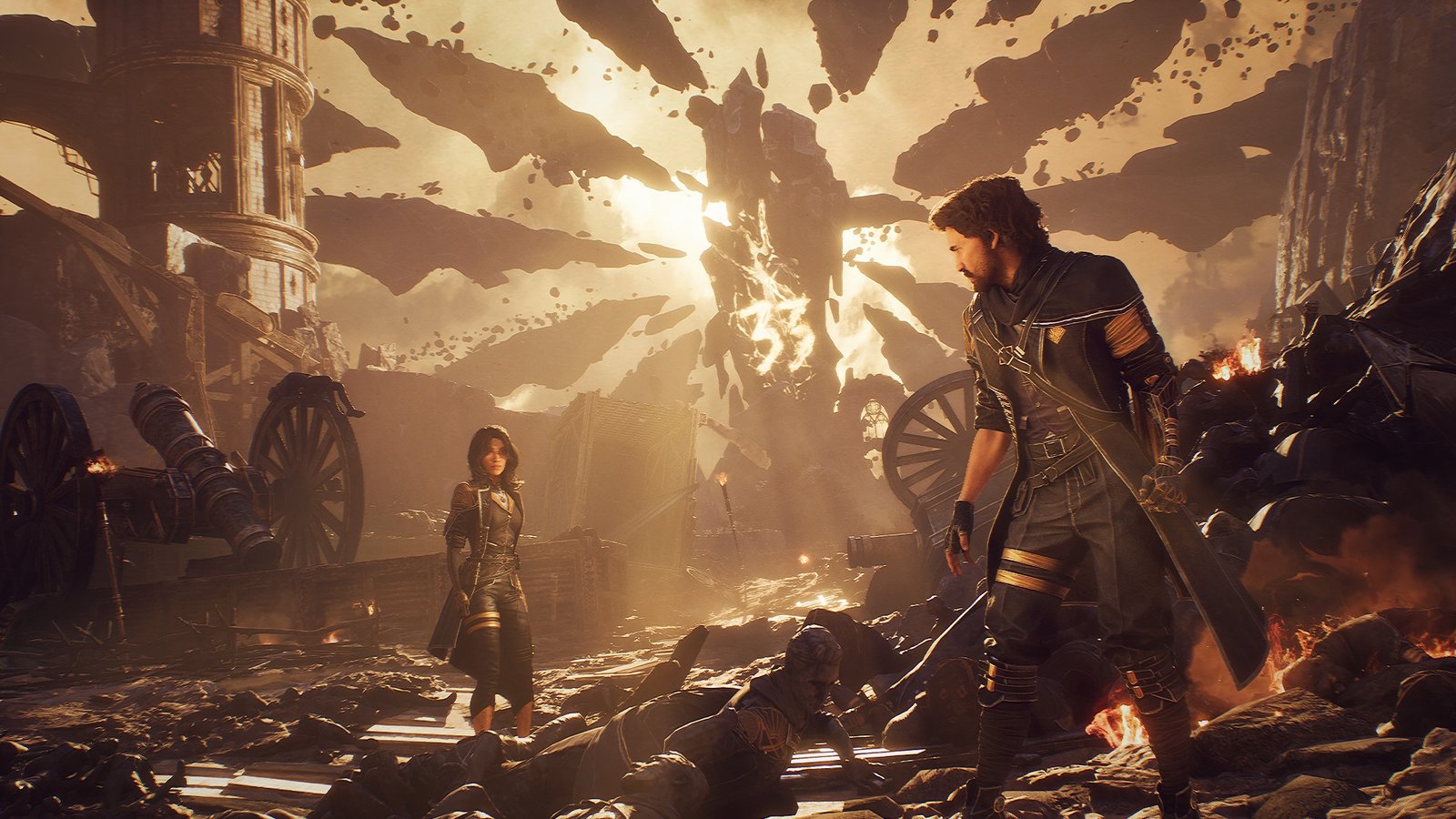 Two characters standing on a glowing battlefield during Clair Obscur: Expedition 33