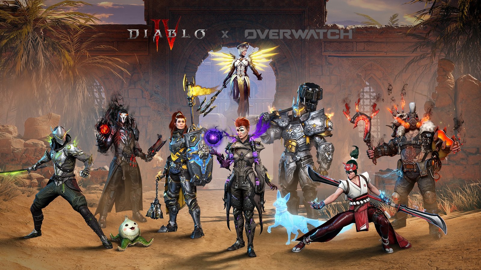 A cast of Overwatch characters pose in Diablo 4's Sanctuary