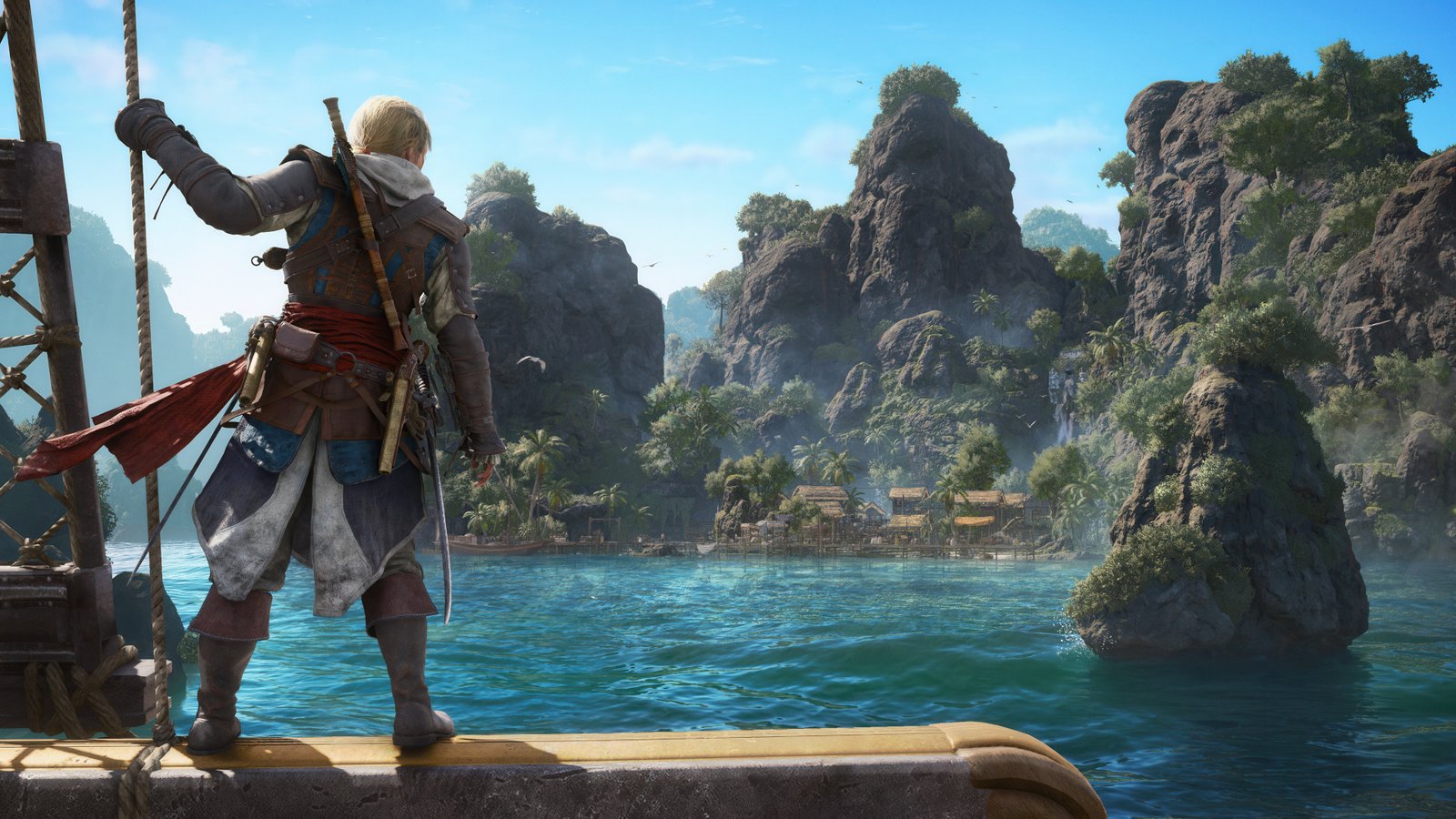 In Assassin's Creed Black Flag Resynced, Edward Kenway stands on the edge of the Jackdaw ship and looks out over the ocean