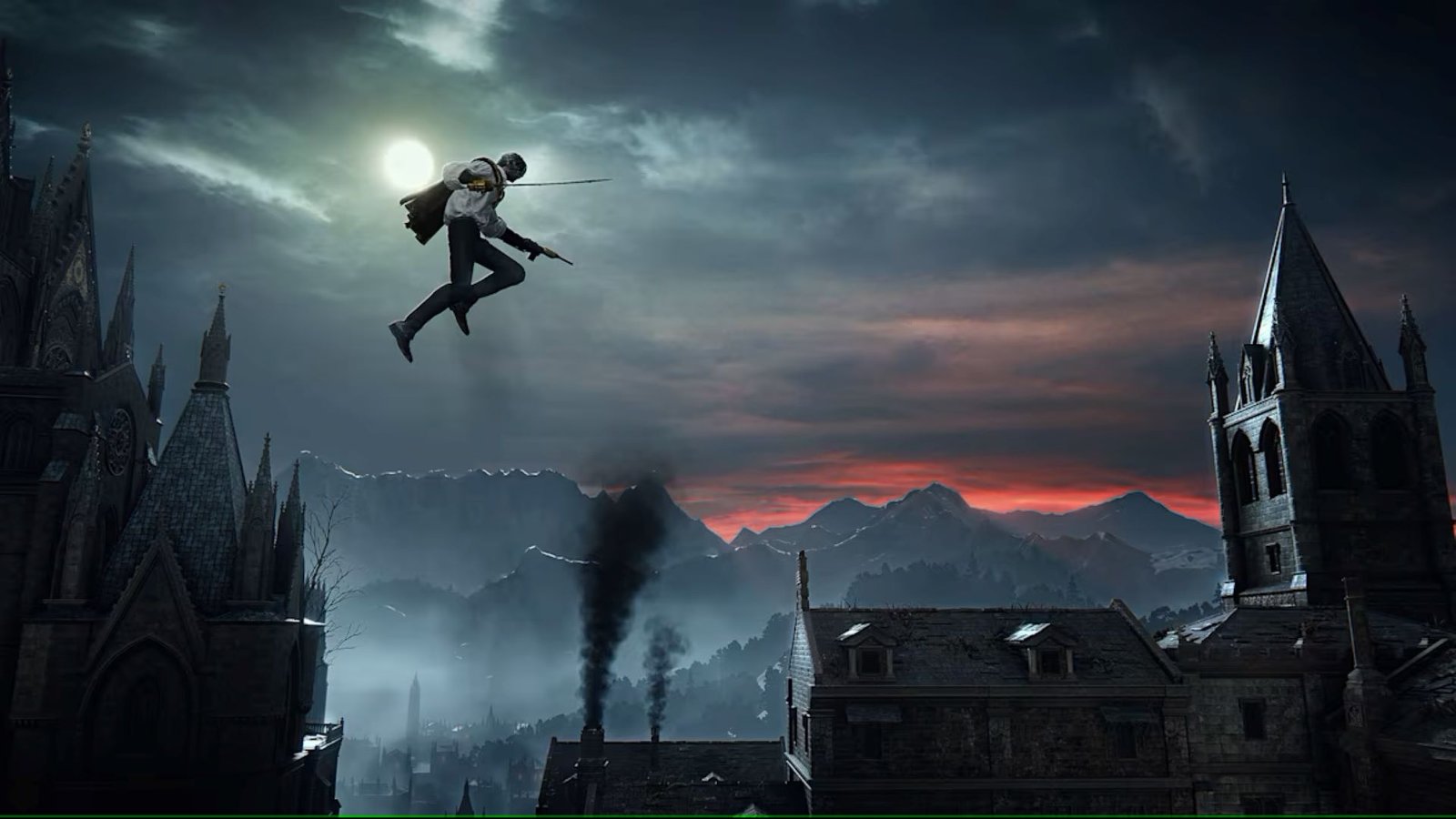 A wide shot of a gothic city after dark, with a ban jumping across the skyline in a screenshot from The Duskbloods.