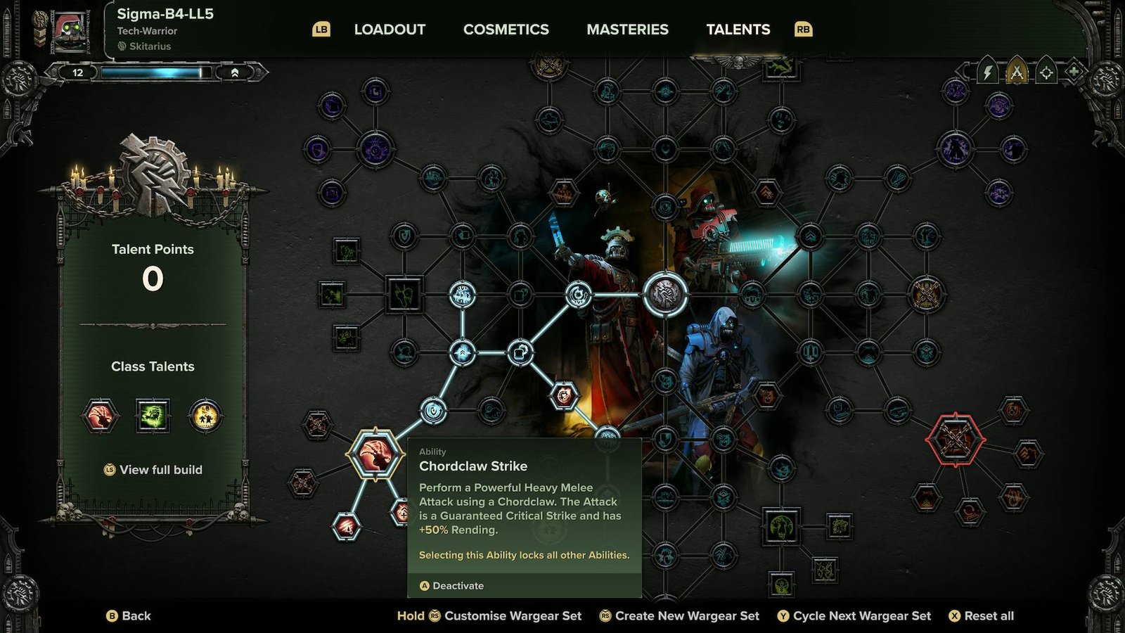 Darktide Skitarii build talent tree showing Chordclaw Strike ability
