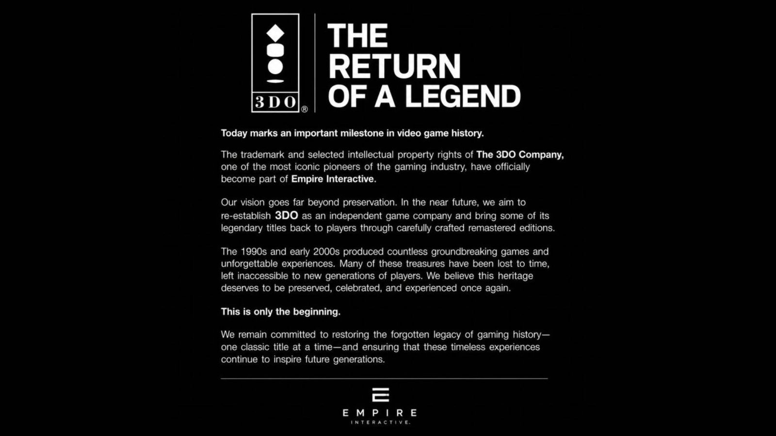 Announcement image detailing plans to re-launch 3DO as a company by Empire Interactive.