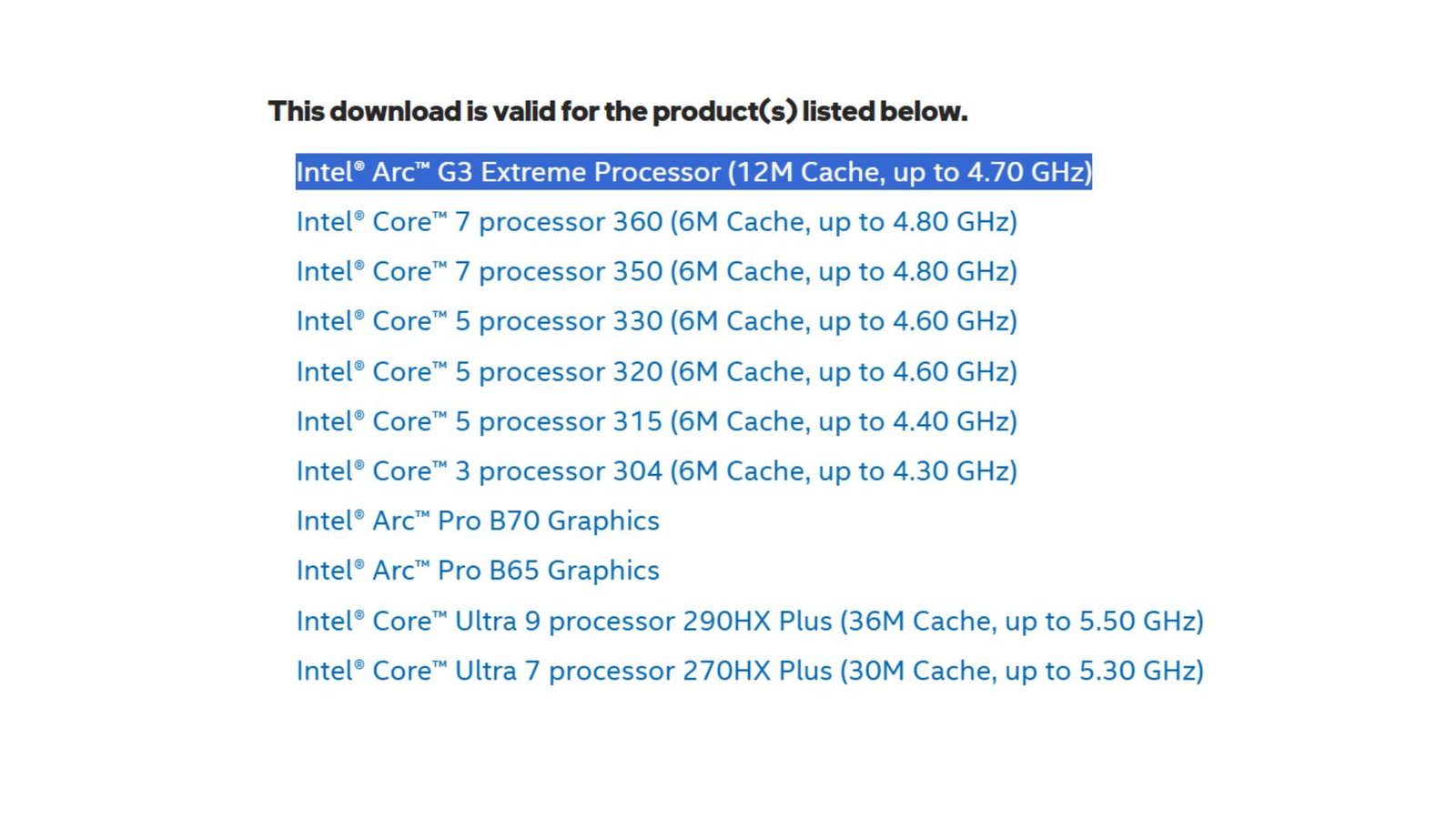 Intel graphics driver page screenshot with valid products list and "Intel Arc G3 Extreme Processor (12M Cache, up to 4.70GHz) highlighted in blue.