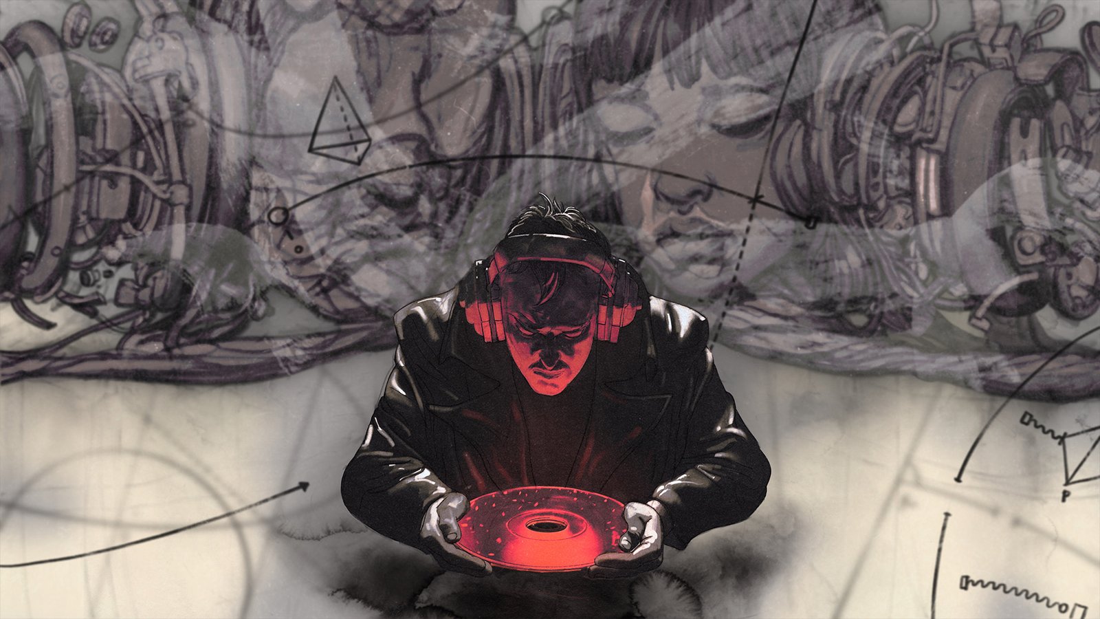 Artwork from Zero Parades: For Dead Spies showing the Conditioning thought Ineffable Melancholy, showing a man with bulky headphones about to play a red disc