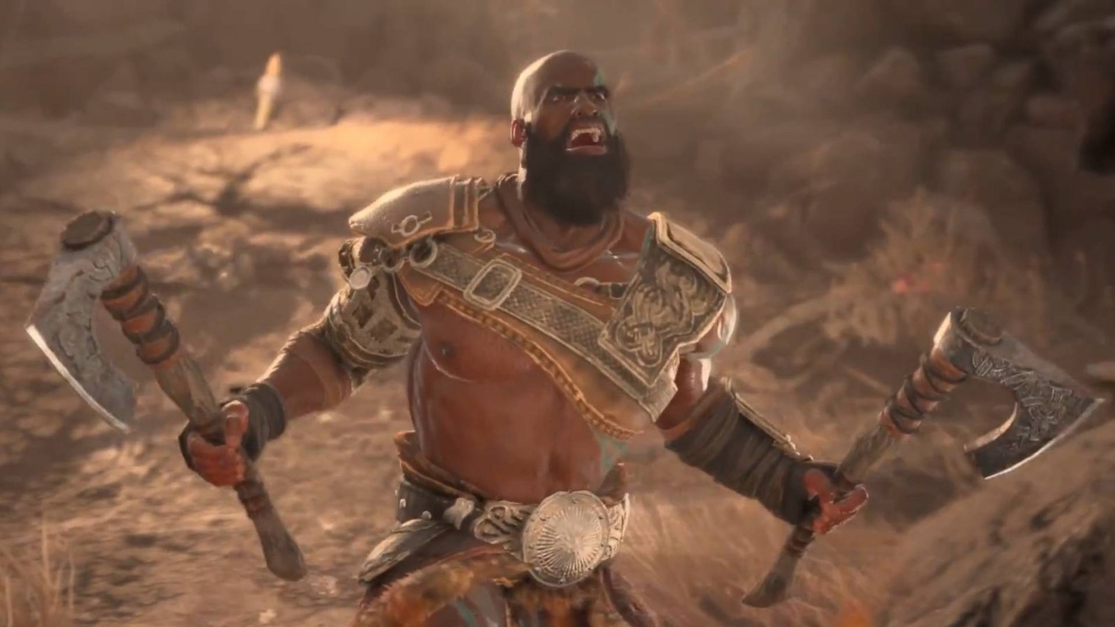 Diablo 4 Barbarian trailer screenshot shows a man wielding two axes shouting.