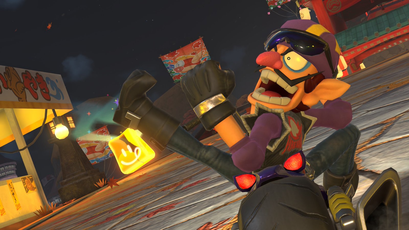 Biker Waluigi poses near the food stalls in Cheep Cheep Falls in Mario Kart World