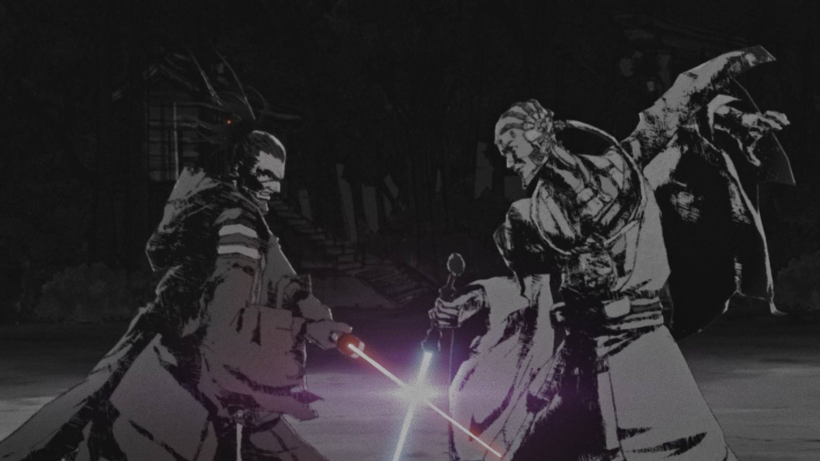 A scene from The Duel: Payback, from STAR WARS: VISIONS VOLUME 3, with two samurai-like characters in a lighstaber battle