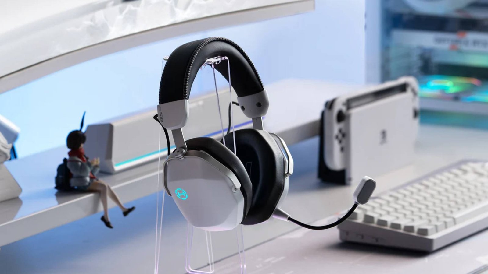 Official marketing image of the Edifier G5 Max gaming headset sitting on a white gaming desk.