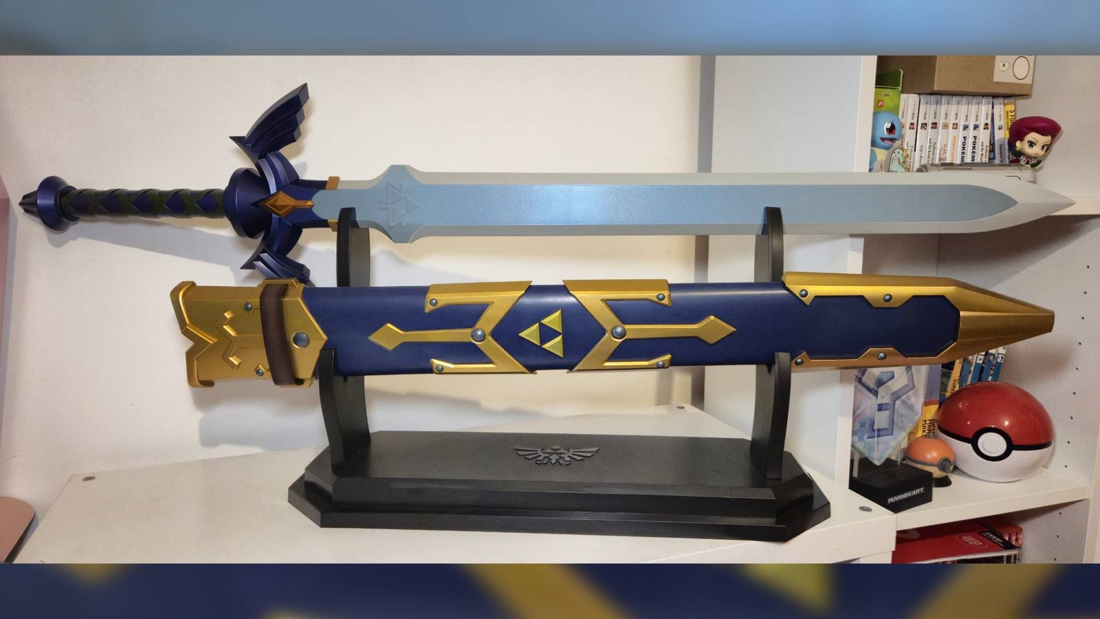 Photo of the Bandai Proplica Master Sword in its display stand.