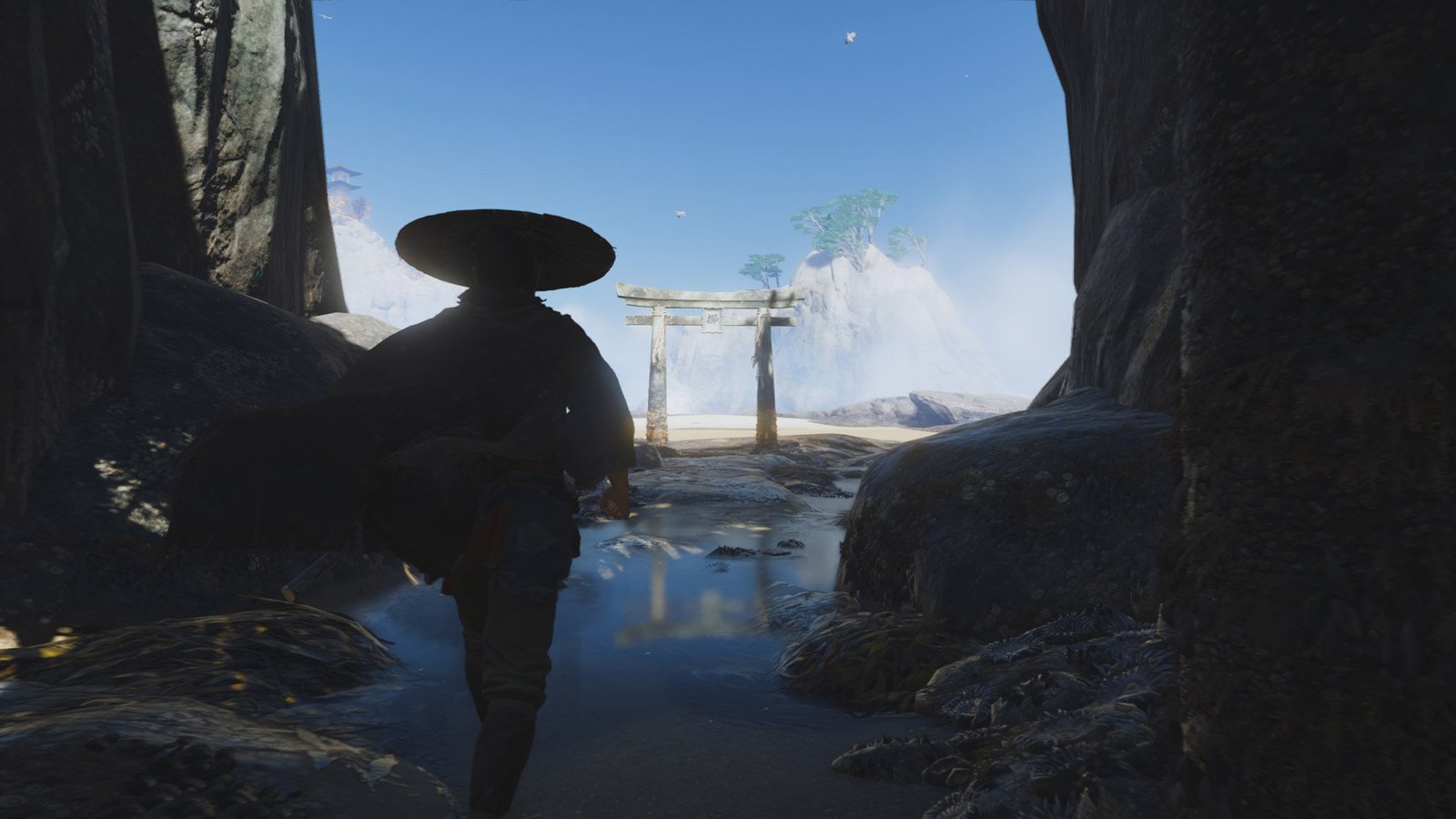Ghost of Tsushima samurai approaching sunlit gate