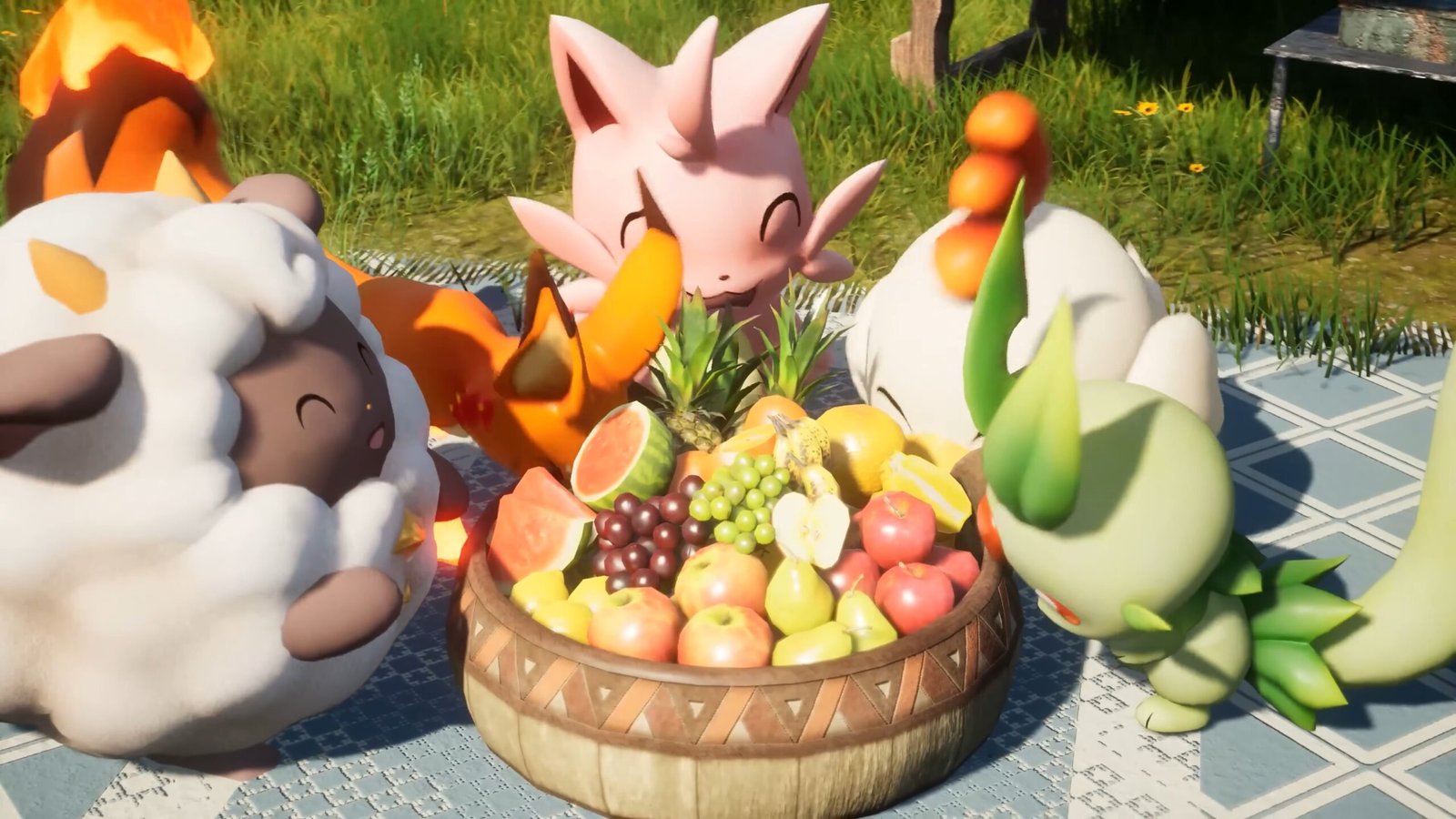 Palworld 1.0 launch trailer screenshot shows several cute Pals eating fruit from a basket.